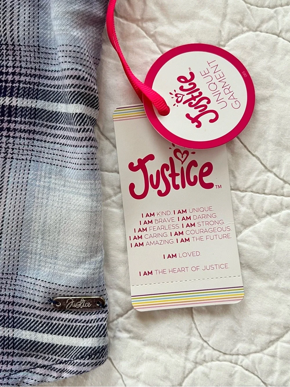 NWT Justice Girls’ Navy Ombre Plaid Button-Down Shirt Super Soft Cropped Preppy